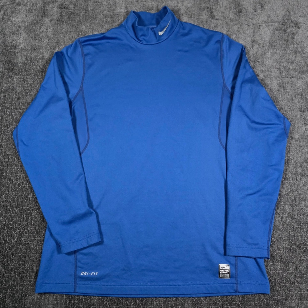Nike Pro Combat Dri-FIT Mens Large Blue Mock Neck Long Sleeve Fitted Base Layer